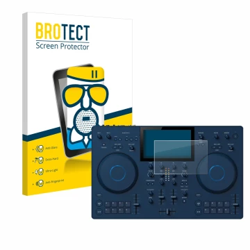 Front side of a product packaging with the brand logo BROTECT. Next to it is the device AlphaTheta OMNIS-Duo shown with the co