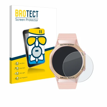 Front side of a product packaging with the brand logo BROTECT. Next to it is the device Mutoy Smartwatch 1.32