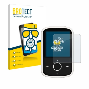 Front side of a product packaging with the brand logo BROTECT. Next to it is the device Majority MP3 16GB shown with the corre