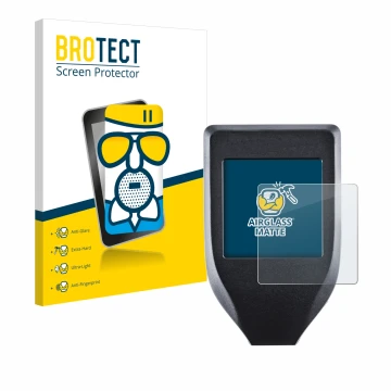 Front side of a product packaging with the brand logo BROTECT. Next to it is the device Trezor Model T shown with the correspo