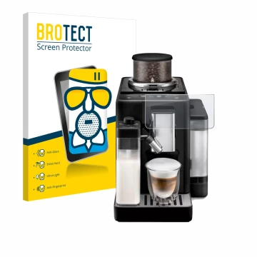 Front side of a product packaging with the brand logo BROTECT. Next to it is the device DeLonghi Rivelia shown with the corres