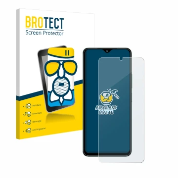 Front side of a product packaging with the brand logo BROTECT. Next to it is the device Xiaomi Redmi A3 shown with the corresp