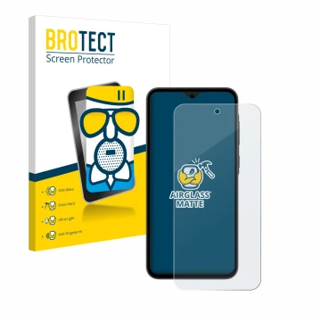 Front side of a product packaging with the brand logo BROTECT. Next to it is the device Samsung Galaxy A35 5G shown with the c