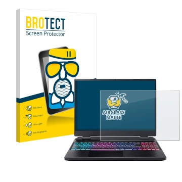Front side of a product packaging with the brand logo BROTECT. Next to it is the device Acer Predator Helios Neo 16 shown with
