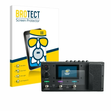 Front side of a product packaging with the brand logo BROTECT. Next to it is the device Headrush MX5 shown with the correspond