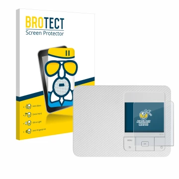 Front side of a product packaging with the brand logo BROTECT. Next to it is the device Canon Selphy CP1500 shown with the cor