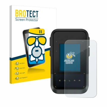 Front side of a product packaging with the brand logo BROTECT. Next to it is the device Garmin eTrex Solar shown with the corr