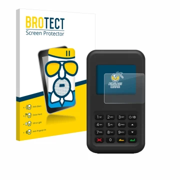 Front side of a product packaging with the brand logo BROTECT. Next to it is the device Shopify WisePad 3 shown with the corre
