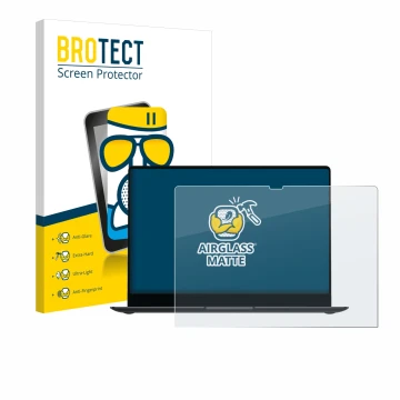 Front side of a product packaging with the brand logo BROTECT. Next to it is the device Samsung Galaxy Book4 Pro 14