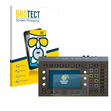 Front side of a product packaging with the brand logo BROTECT. Next to it is the device Waldorf Iridium Core shown with the co