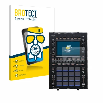 Front side of a product packaging with the brand logo BROTECT. Next to it is the device KORG KAOSS Replay shown with the corre