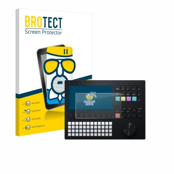 Front side of a product packaging with the brand logo BROTECT. Next to it is the device Polyend Tracker shown with the corresp