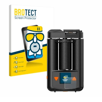 Front side of a product packaging with the brand logo BROTECT. Next to it is the device Storz & Bickel Mighty + shown with the