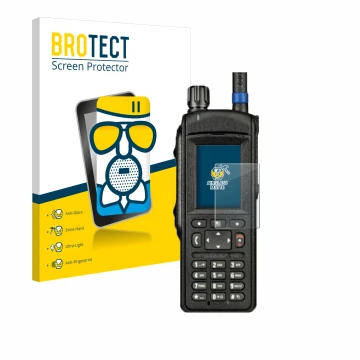 Front side of a product packaging with the brand logo BROTECT. Next to it is the device Motorola MTP6650 shown with the corres