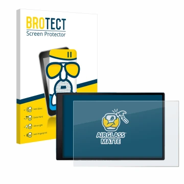 Front side of a product packaging with the brand logo BROTECT. Next to it is the device Garmin DriveSmart 86 MT-S shown with t