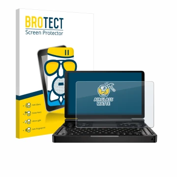 Front side of a product packaging with the brand logo BROTECT. Next to it is the device GPD Win Mini (2024) shown with the cor