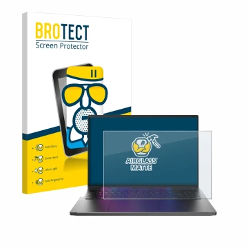 Front side of a product packaging with the brand logo BROTECT. Next to it is the device Acer Swift Go 16 shown with the corres