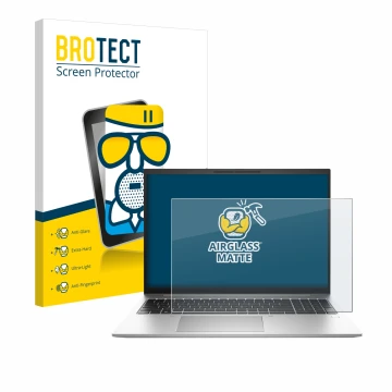 Front side of a product packaging with the brand logo BROTECT. Next to it is the device HP EliteBook 865 G10 shown with the co