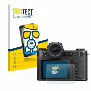 Front side of a product packaging with the brand logo BROTECT. Next to it is the device Leica SL3 shown with the corresponding