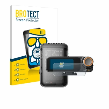 Front side of a product packaging with the brand logo BROTECT. Next to it is the device DJI Mic 2 (Receiver) shown with the co