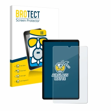 Front side of a product packaging with the brand logo BROTECT. Next to it is the device Lenovo Legion Tab shown with the corre