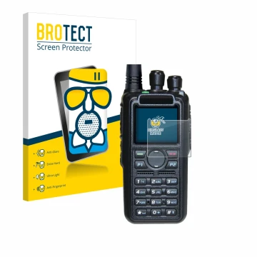 Front side of a product packaging with the brand logo BROTECT. Next to it is the device AnyTone AT-D878UV II Plus shown with t