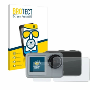 Front side of a product packaging with the brand logo BROTECT. Next to it is the device Rollei Actioncam 9s Plus shown with th