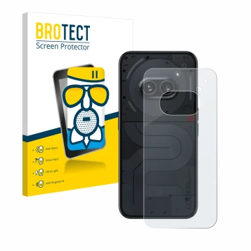 Front side of a product packaging with the brand logo BROTECT. Next to it is the device Nothing Phone (2a) (Back) shown with t