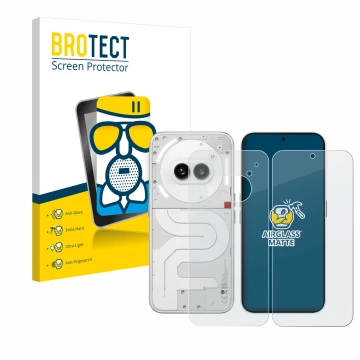 Front side of a product packaging with the brand logo BROTECT. Next to it is the device Nothing Phone (2a) (Front+Back) shown 