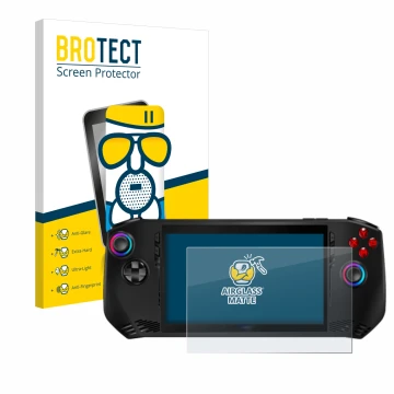 Front side of a product packaging with the brand logo BROTECT. Next to it is the device MSI Claw A1M shown with the correspond