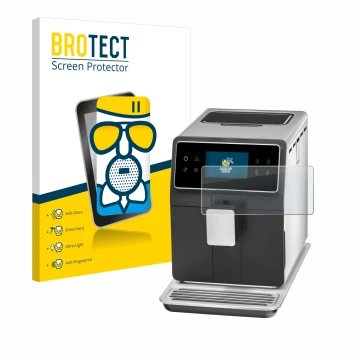 Front side of a product packaging with the brand logo BROTECT. Next to it is the device WMF Perfection 840L shown with the cor