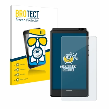 Front side of a product packaging with the brand logo BROTECT. Next to it is the device Hiby R6 III shown with the correspondi