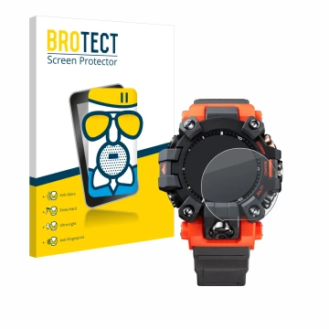 Front side of a product packaging with the brand logo BROTECT. Next to it is the device Casio G-Shock GW-9500 shown with the c