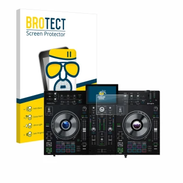 Front side of a product packaging with the brand logo BROTECT. Next to it is the device Denon DJ Prime 2 shown with the corres