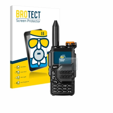 Front side of a product packaging with the brand logo BROTECT. Next to it is the device Quansheng UV-K5 shown with the corresp