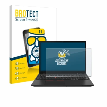 Front side of a product packaging with the brand logo BROTECT. Next to it is the device Lenovo ThinkPad P16s Gen 2 shown with 