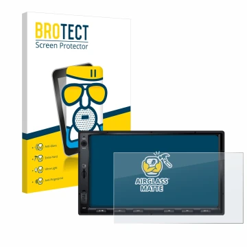 Front side of a product packaging with the brand logo BROTECT. Next to it is the device Atoto F7 WE shown with the correspondi