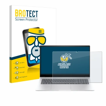 Front side of a product packaging with the brand logo BROTECT. Next to it is the device HP Envy 17 2024 shown with the corresp