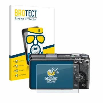 Front side of a product packaging with the brand logo BROTECT. Next to it is the device Ricoh GR IIIx HDF shown with the corre
