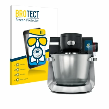 Front side of a product packaging with the brand logo BROTECT. Next to it is the device Bosch MUM Serie 6 shown with the corre