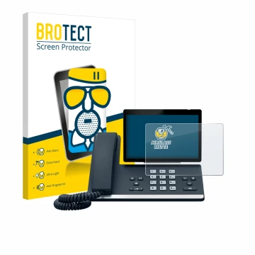 Front side of a product packaging with the brand logo BROTECT. Next to it is the device Yealink SIP-T57W shown with the corres