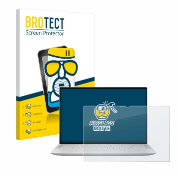 Front side of a product packaging with the brand logo BROTECT. Next to it is the device Dell XPS 14 9440 Touch shown with the 