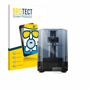 Front side of a product packaging with the brand logo BROTECT. Next to it is the device Anycubic Photon Mono X 6Ks shown with 