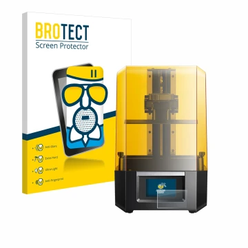 Front side of a product packaging with the brand logo BROTECT. Next to it is the device Anycubic Photon Mono M5s shown with th