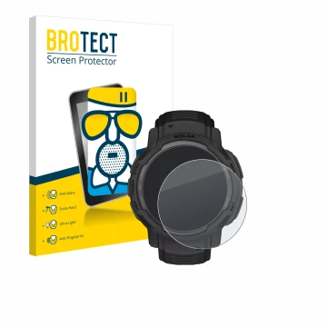 Front side of a product packaging with the brand logo BROTECT. Next to it is the device Garmin Instinct Crossover Solar shown 