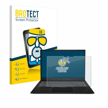 Front side of a product packaging with the brand logo BROTECT. Next to it is the device MSI Summit E16 AI Studio shown with th