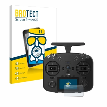 Front side of a product packaging with the brand logo BROTECT. Next to it is the device FrSky TWIN X14 shown with the correspo