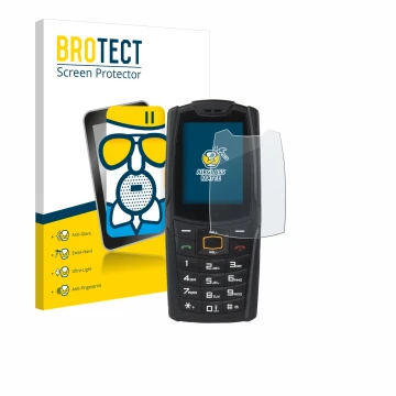 Front side of a product packaging with the brand logo BROTECT. Next to it is the device AGM M6 shown with the corresponding sc