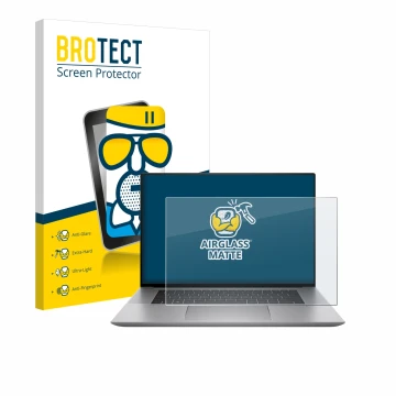 Front side of a product packaging with the brand logo BROTECT. Next to it is the device HP Zbook Studio 16 G10 shown with the 