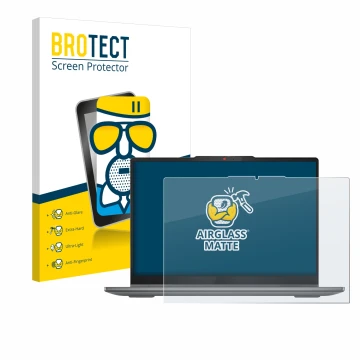 Front side of a product packaging with the brand logo BROTECT. Next to it is the device Lenovo IdeaPad 5 2-in-1 14AHP9 shown w